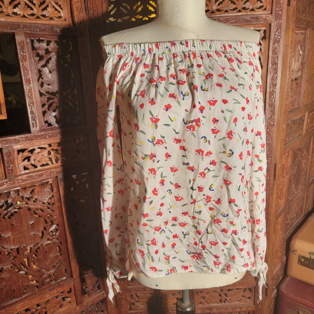 One ❤ Clothing Off the Shoulder, Tie Sleeve Floral Blouse, Size Small